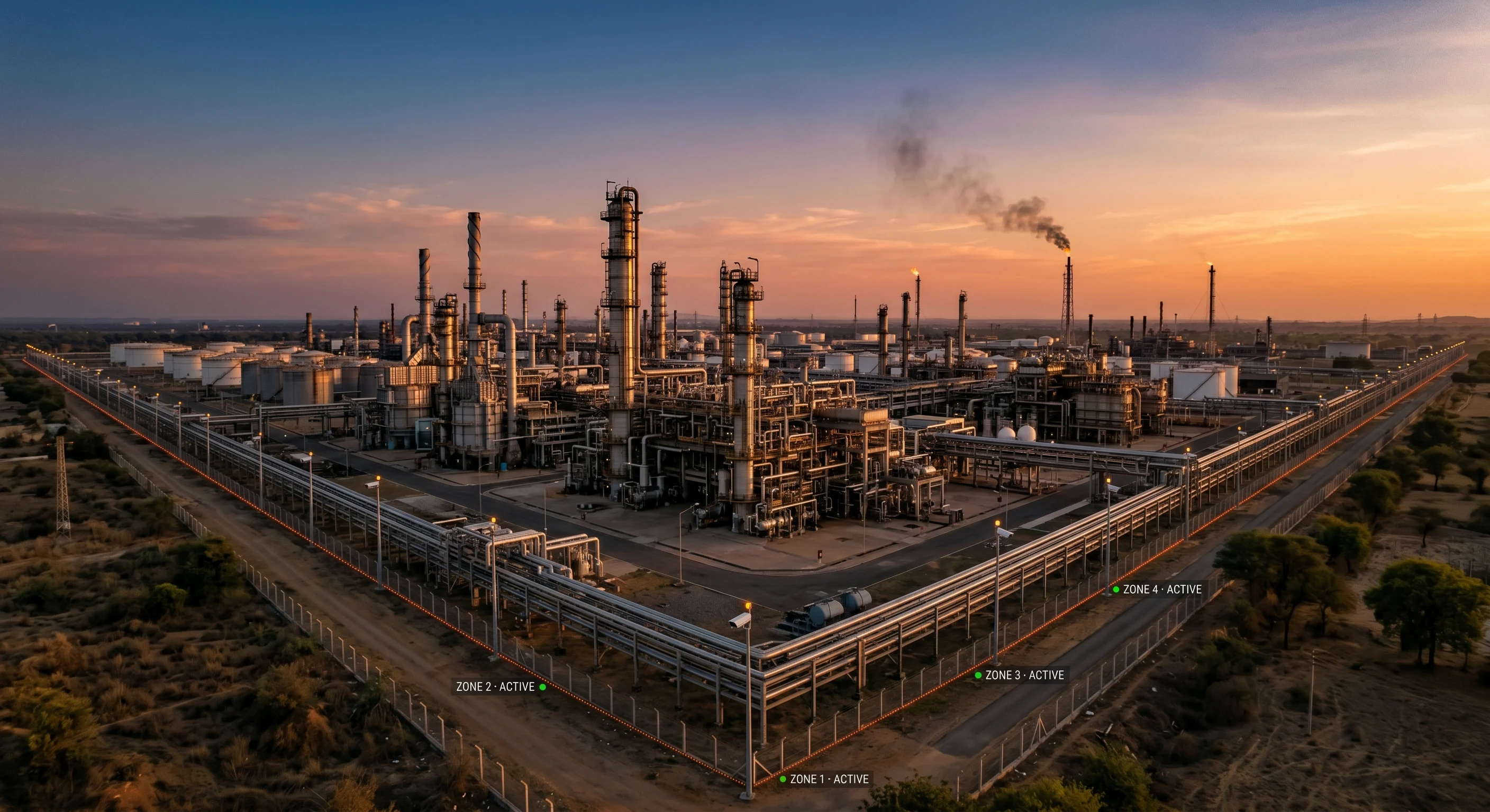 Tentosoft AI fire detection operating outdoors at a refinery and lumber yard